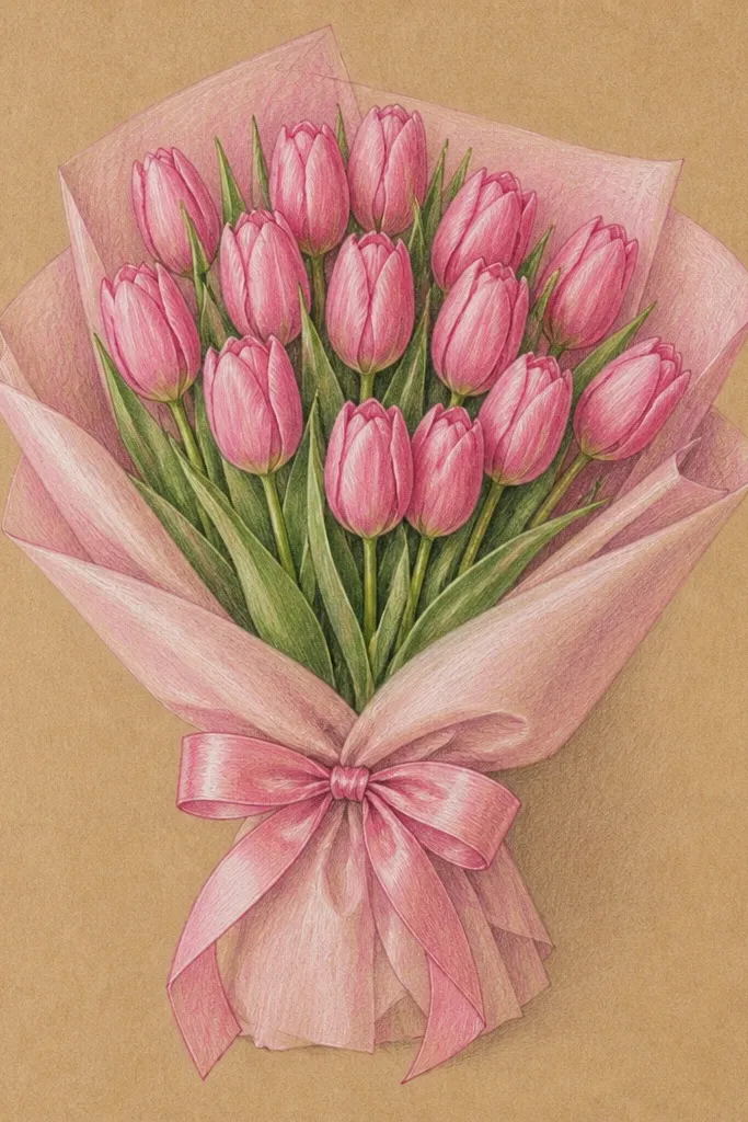 A hand-drawn bouquet of pink tulips wrapped with a wide blush ribbon. The background is textured kraft paper, with light pencil marks erased around the flowers. The ribbon has soft folds and a darker knot shadow in the center.
