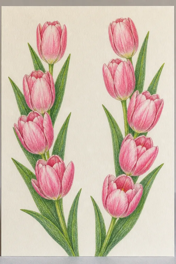 A card-style drawing showing two columns of pink tulips. There's one strong vertical center stem, with blooms leaning slightly outward. The background is blank white, with crisp linework and subtle shadow beneath each bloom.