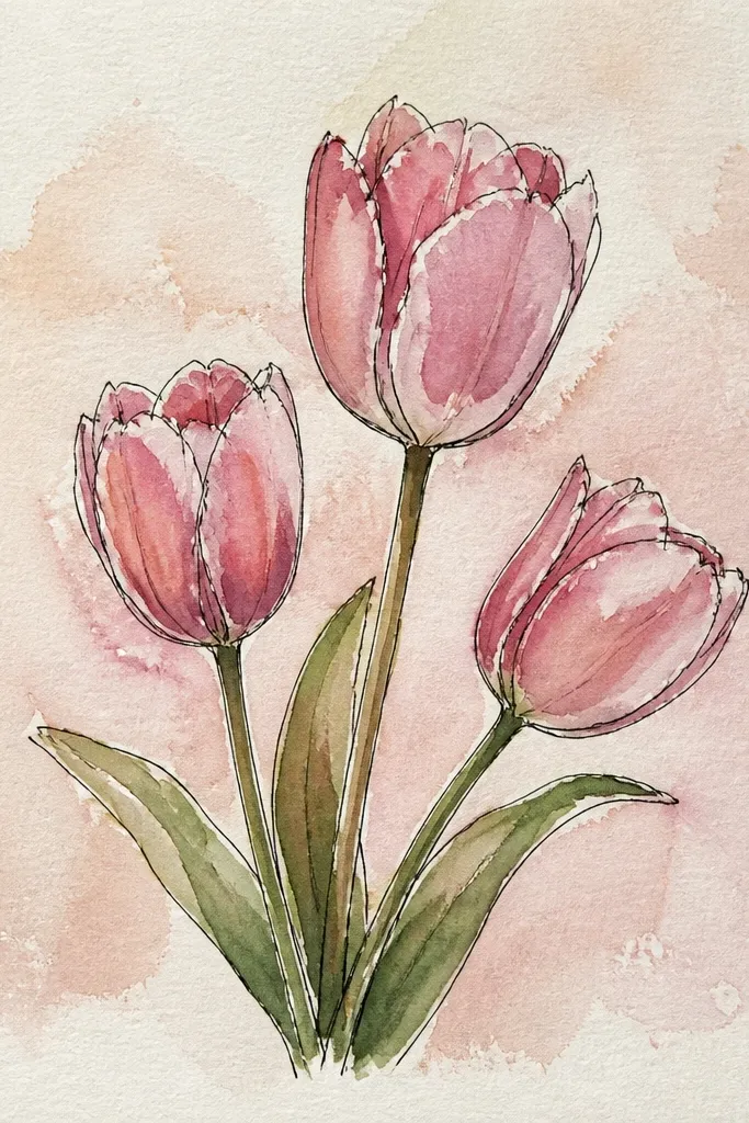 Loose black ink tulips with pink watercolor washes. The blooms have imperfect edges and visible ink lines, with soft drop shadows painted beneath each flower. The stems curve naturally across the page.