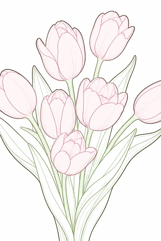 A minimal line drawing of pink tulips with very clean outlines. There is one bold dark outline lane along the outer bouquet edge, while inner petals use thinner lines. The background is white with faint pencil sketch marks removed.