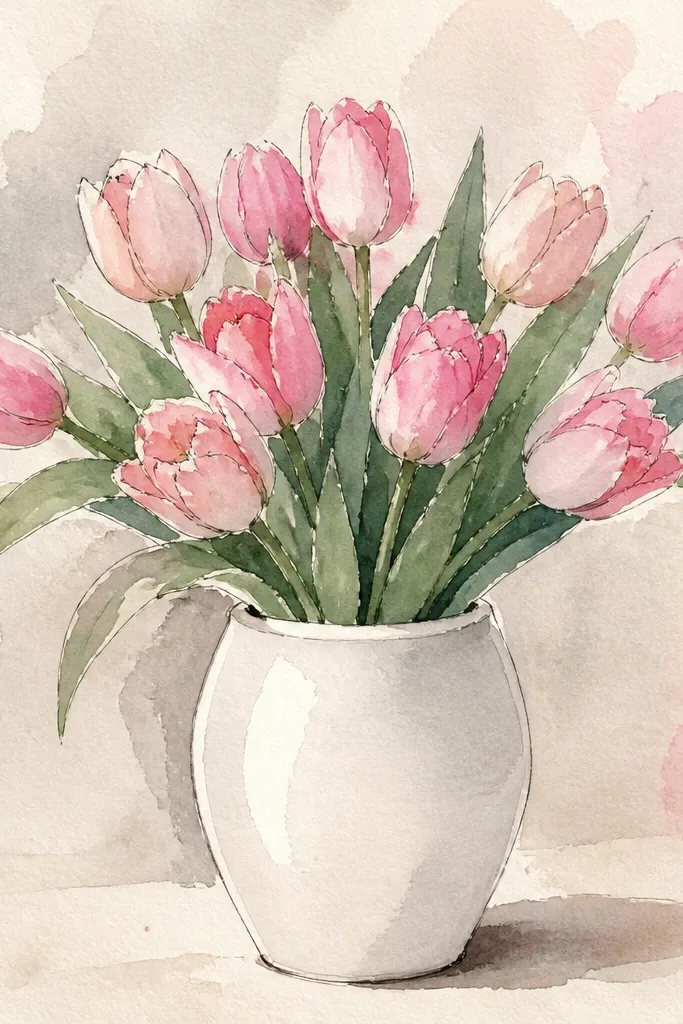 Pink tulips emerging from a white ceramic vase. The vase has a clean specular highlight on the left side, with a soft gray shadow at the base. The tulip petals show pale blush with deeper rose folds.