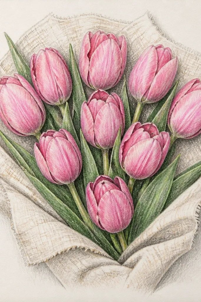A top-down view of a pink tulip bouquet spread across a linen-like background. Petals overlap in a circular arrangement, and the stems curl outward. The drawing includes subtle linen grain lines in the background.