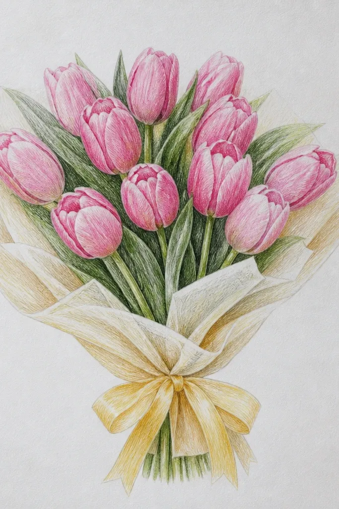 A pink tulip bouquet tied with a buttercream yellow ribbon. The ribbon has curling ends and small highlight streaks. The background is off-white, and the tulip centers are slightly deeper rose.