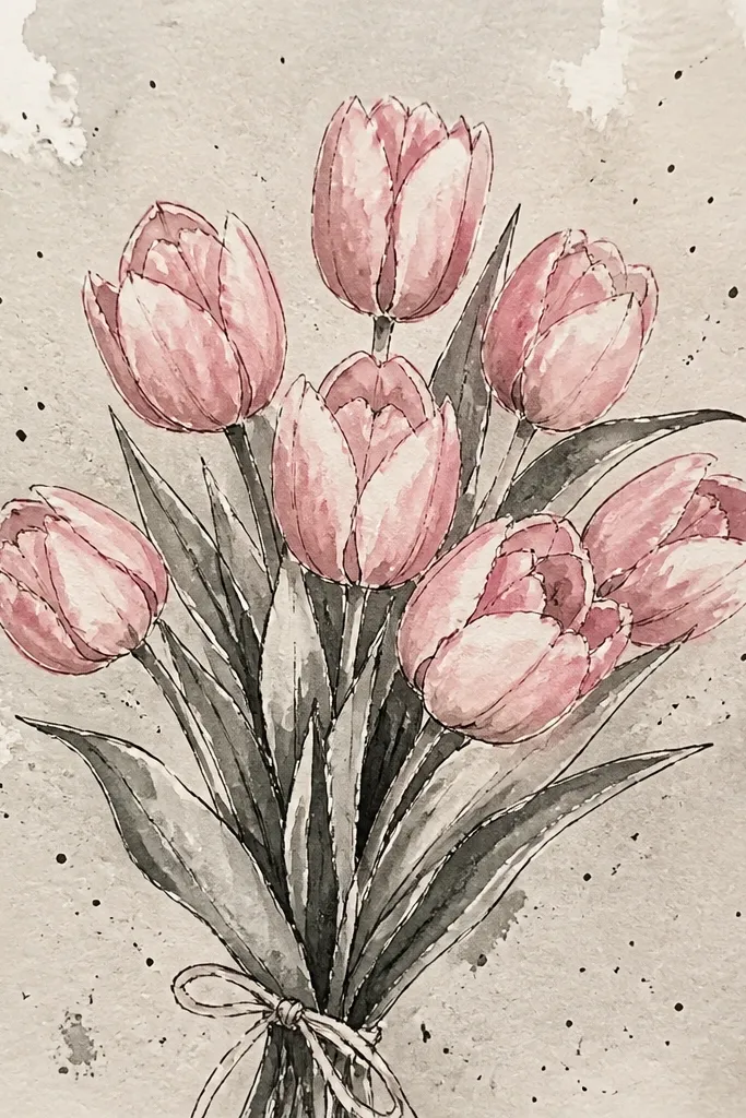 A bouquet of pink tulips drawn in monochrome shades. Behind them is a charcoal speckle pattern like dry brush dust. The tulip outlines are darker and the petals are shaded with soft blush and rose.