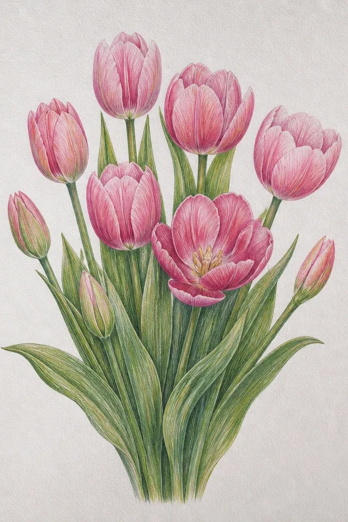A small bouquet study showing one tall tulip and two smaller blooms. The top petals are more open, while the lower tulip heads are tighter buds. The shading shows a clear gradation from light blush to deeper rose.