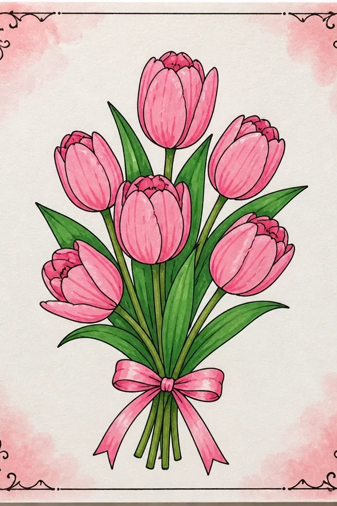 A postcard-style drawing with a decorative border. The tulip bouquet sits in the center, and the corners have light pink watercolor washes. The border has simple dashed lines and tiny leaf sprigs.
