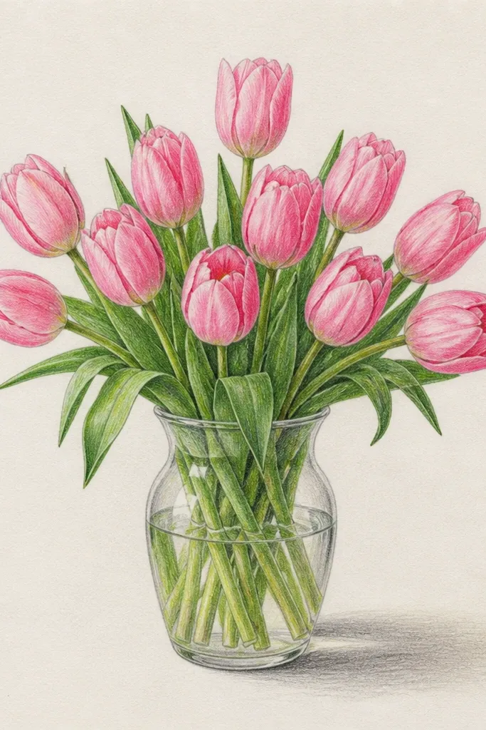 A bouquet in a vase drawn with simple perspective. The vase narrows toward the top, and there's a clear ground shadow beneath the vase on the paper. Tulips are shaded with pale blush and rose folds.