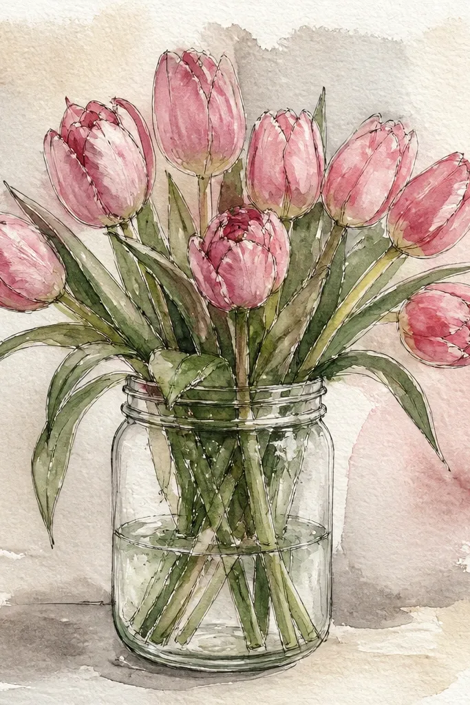 A glass jar holding pink tulips. The jar has clear highlights, faint reflections, and small condensation droplets drawn as tiny circles. The tulips look airy with light blush petals and deeper rose folds.
