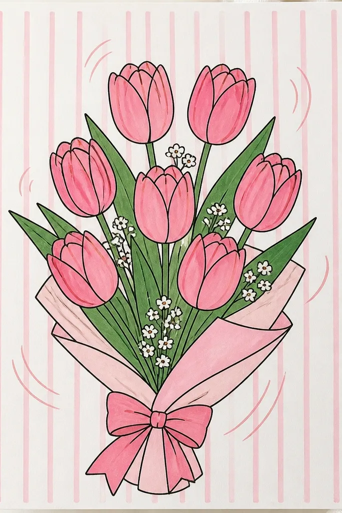 A bouquet of pink tulips drawn over a subtle striped background. The stripes are light gray and off-white. Movement lines sweep behind the bouquet, and the tulips have blush petals with rose folds.