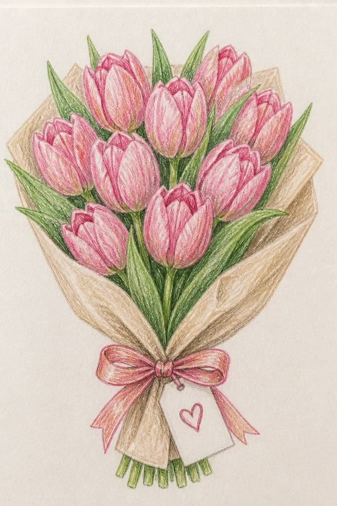 A bouquet of pink tulips with a small hanging tag attached to the ribbon. The tag has hand-lettering and a tiny heart doodle. The tulip petals are shaded blush and rose with a clean ribbon knot.