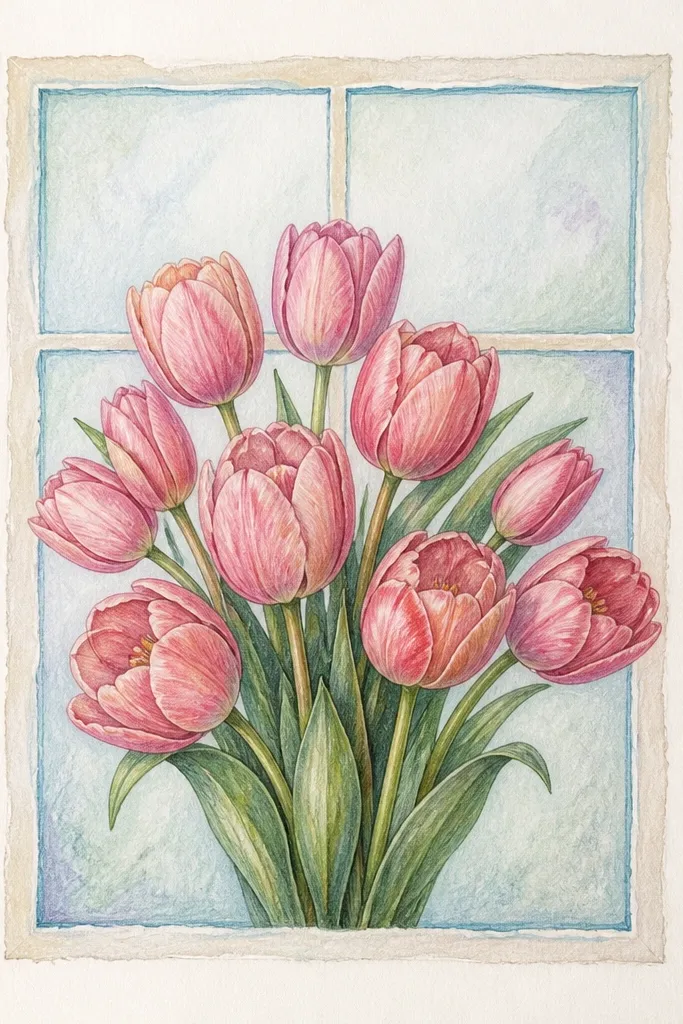 A bouquet of pink tulips framed inside a hand-drawn window rectangle. The window frame has watercolor resist effects: white lines and lighter edges where the paper was protected. Tulips show blush petals with rose folds and soft gradients.
