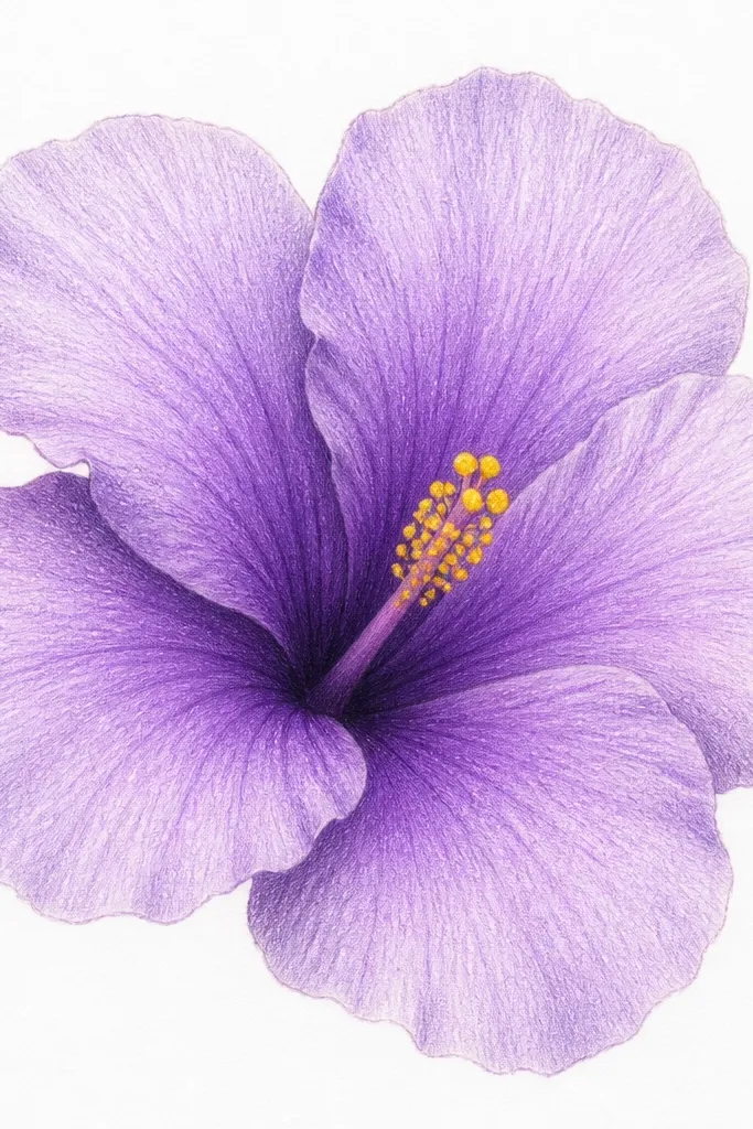 A single purple hibiscus flower on white paper. The outer petals show a pale lavender rim with visible pencil grain, mid-petals in soft violet, and darker fold lines near the base. Thin pencil crosshatching is visible in the shadow areas, with a bright yellow center made of tiny dot clusters.