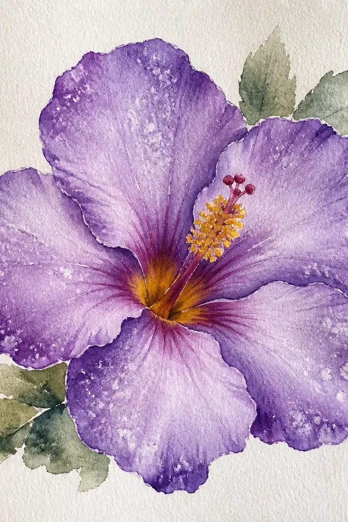 A watercolor hibiscus flower in purple tones on textured paper. The petals have a soft violet wash with darker edges, and the background is pale. Tiny salt crystals create irregular white speckling across the wet areas. The center is painted warm yellow with red-purple hints, and there's a few loose leaf strokes behind the bloom.