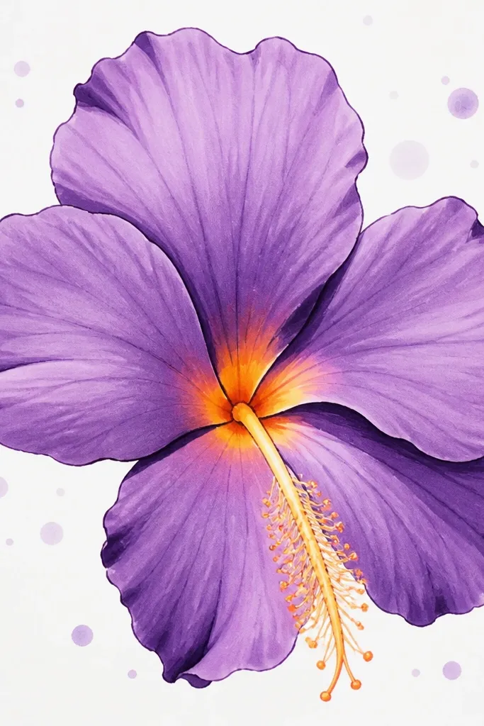 A hibiscus flower drawn with brush pens. Petals are filled in gradient purple, with bold dark lines where petals fold and overlap. The center is an ombre from pale yellow to orange, and thin stamens extend downward. The background is minimal with a few light purple dots.