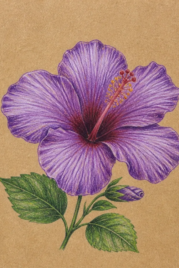 A purple hibiscus on warm kraft paper. Petals show layered colored pencil in lavender and deep violet with visible blending. The background has faint leaf silhouettes and a few light specks. The center is bright yellow with orange shading, and the edges of petals are crisp.