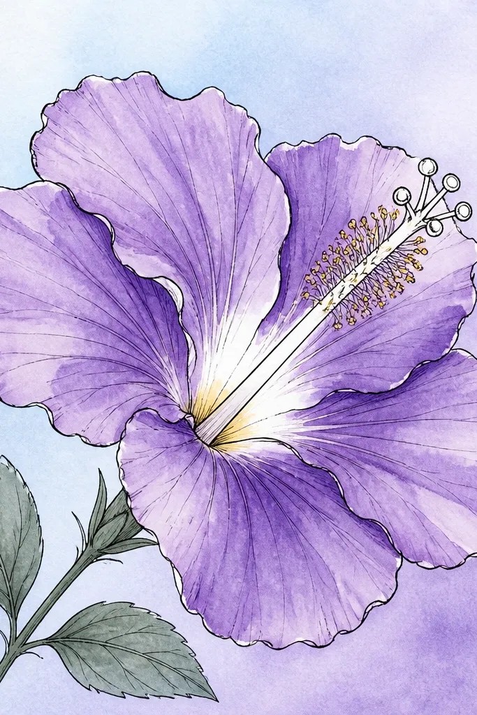 A crisp black line drawing of a hibiscus flower with purple watercolor wash filling the petals. The background is a soft watercolor gradient from pale blue to lavender. The center is left mostly white with a few yellow touches, and the stamens are outlined in dark ink.
