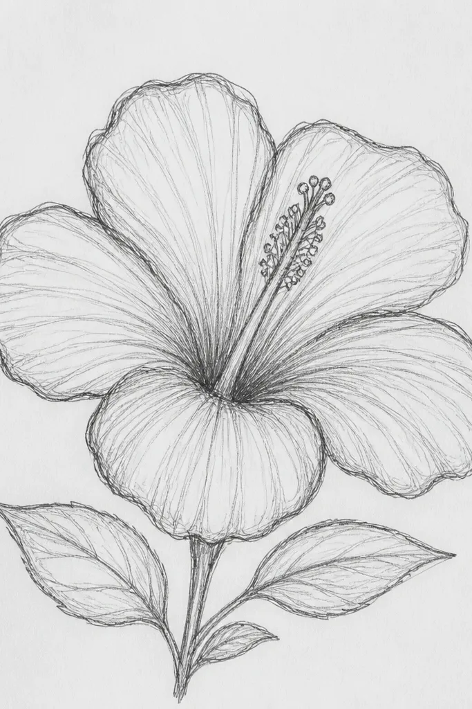 A deep violet monochrome hibiscus drawing. Petals range from near-black purple in shadows to lighter violet in highlights. The center glows in bright yellow with a soft halo effect created by a light wash around it. The background is blank with a few faint purple arcs.