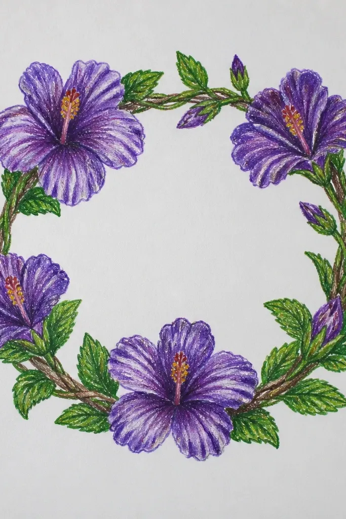 A top-down drawing of a flower crown made of multiple hibiscus blooms. Several petals are purple with different shades, arranged like a wreath. Leaves are simple green strokes, and the background is off-white with faint pencil guidelines. The central hibiscus is the darkest purple and largest.