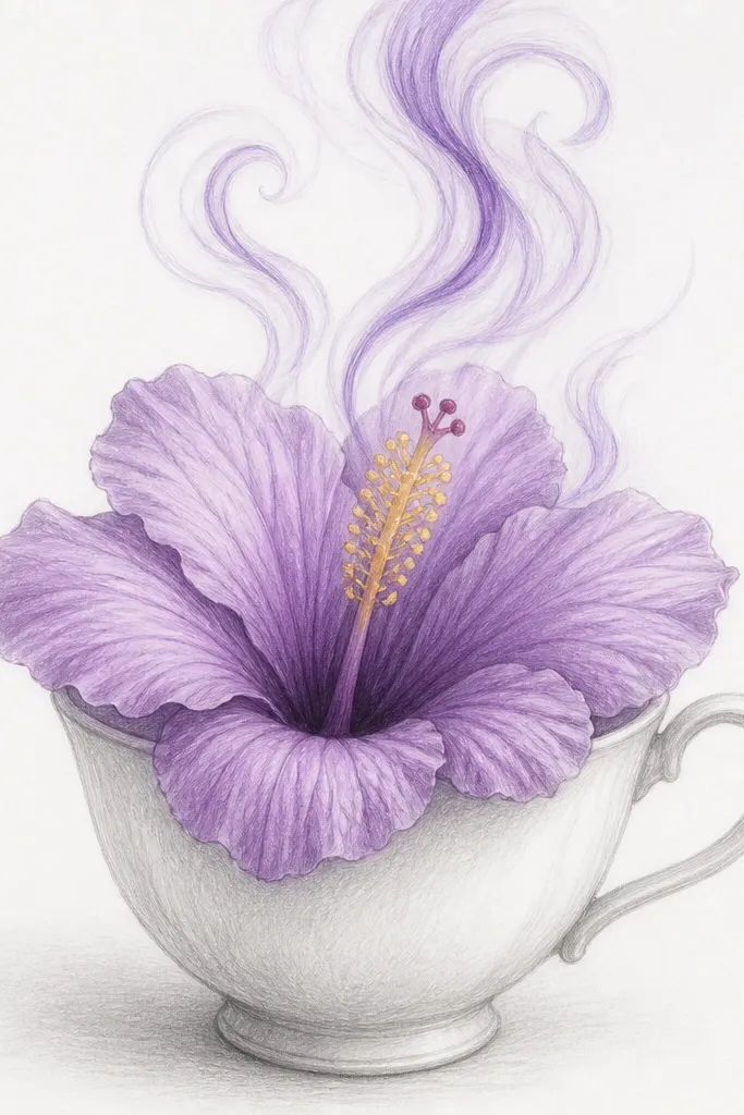 A hibiscus flower drawn coming out of a teacup. The cup is outlined with light gray pencil and lightly shaded. Purple hibiscus petals fill the top of the cup, and thin steam lines rise in lavender and deep violet swirls. The center is yellow with small red-purple dots.