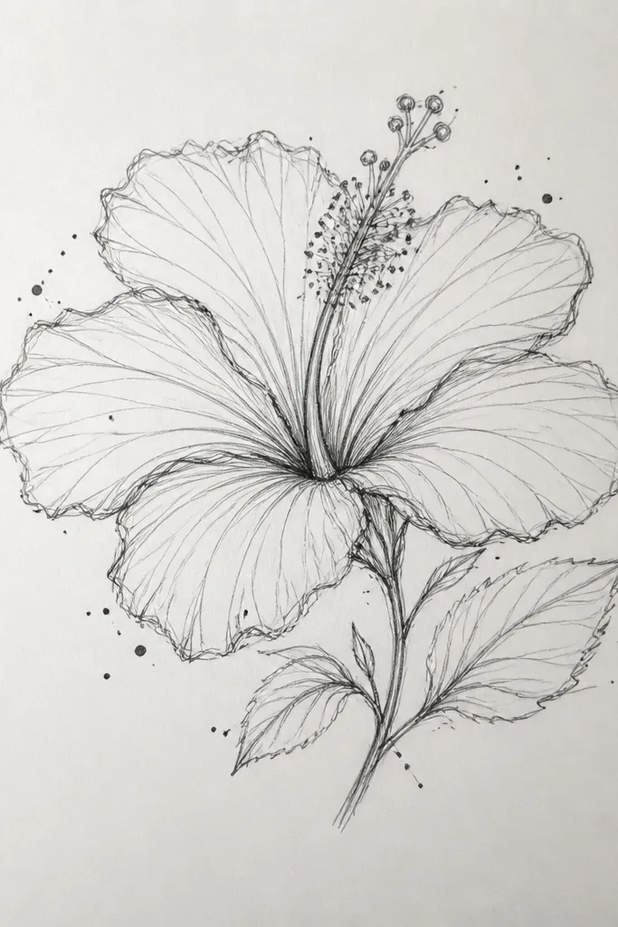 A hibiscus flower drawn in purple with crisp petal shapes. The background is mostly blank, with scattered ink dot clusters in faint purple and gray. The petals have light rim highlights and darker folds, and the center is bright yellow with tiny brown freckles.