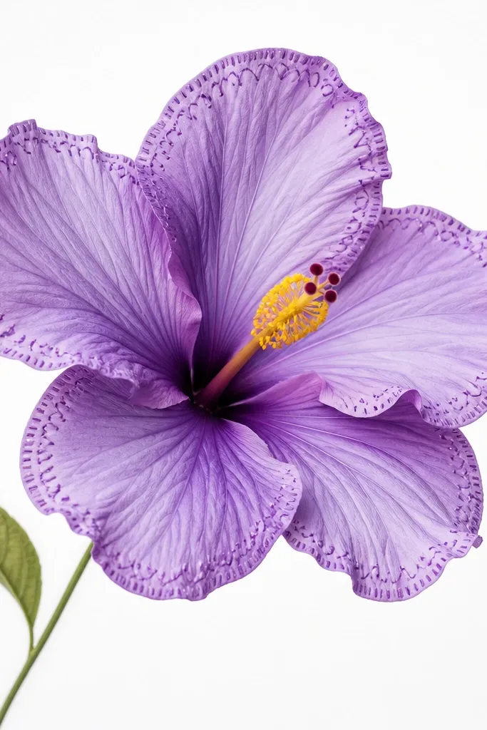 A purple hibiscus where the petal edges have tiny pattern marks - short dashes and scalloped lines. The petals are shaded in lavender and violet, with darker fold shadows. The center is yellow with a few red-purple dots. The background is plain white with a single thin leaf stroke.