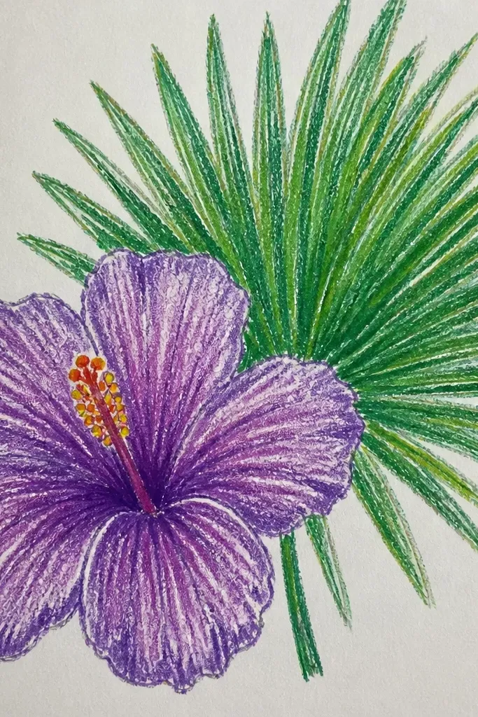 A hibiscus flower with purple petals sits in front of a fan of simple palm leaves. The leaves are green with lighter mid-stripes. The hibiscus petals have lavender highlights and deep violet folds, and the center is yellow with a warm orange gradient. The background is light cream.
