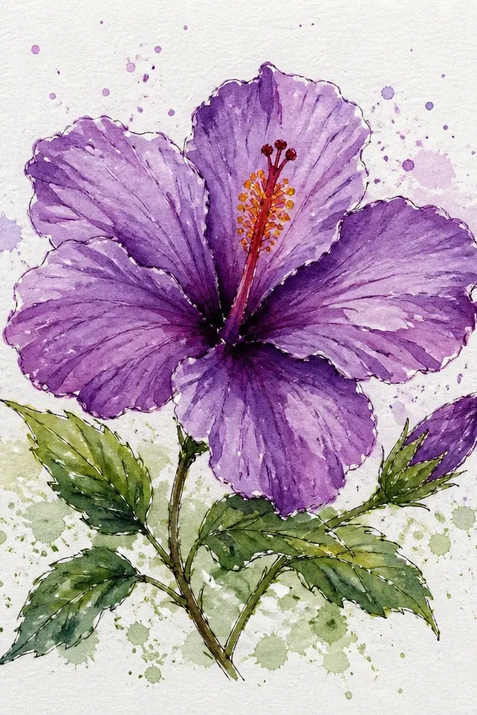 A purple hibiscus centered on the page with crisp petals and a bright yellow center. Behind it, there are controlled ink splatters in pale lavender and deep violet. Some splatters overlap the background only, not the petals. The stamens are thin ink lines, and the petals have smooth shading with fold shadows.