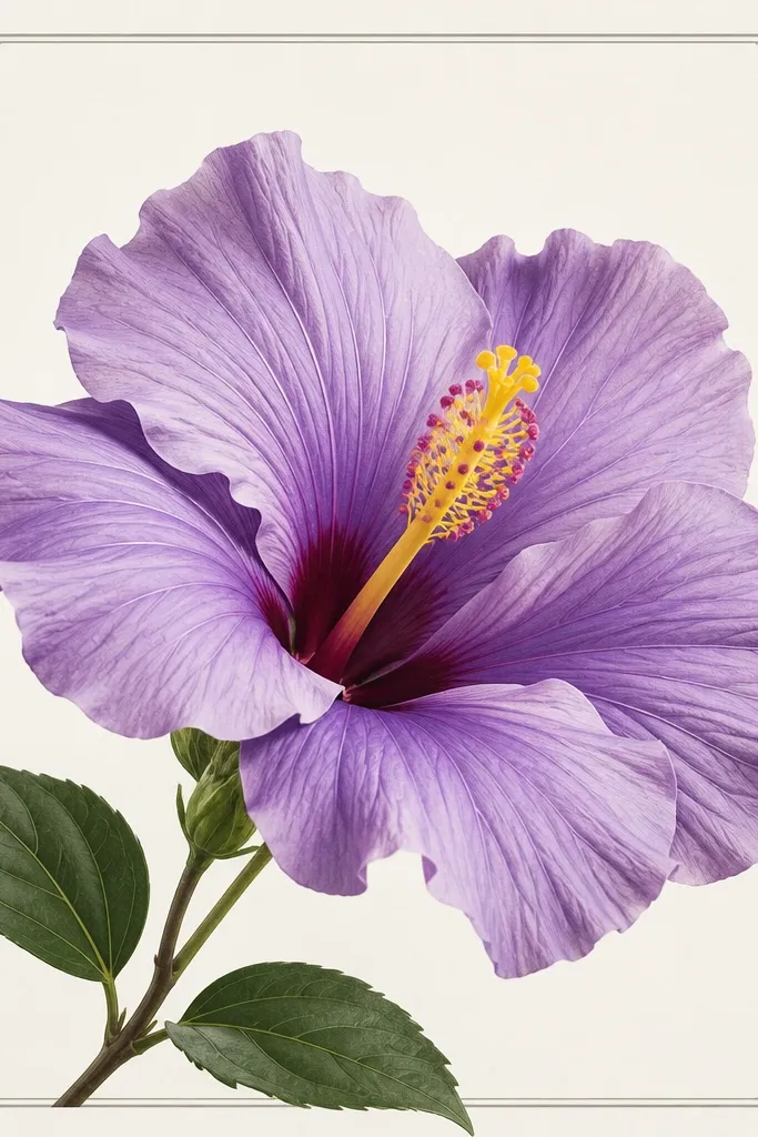 A hibiscus flower in purple with a botanical-style border. The border has thin lines and small corner flourishes drawn in gray. The petals are shaded in lavender and violet with dark fold shadows. The center is yellow with red-purple specks, and the background is slightly off-white.