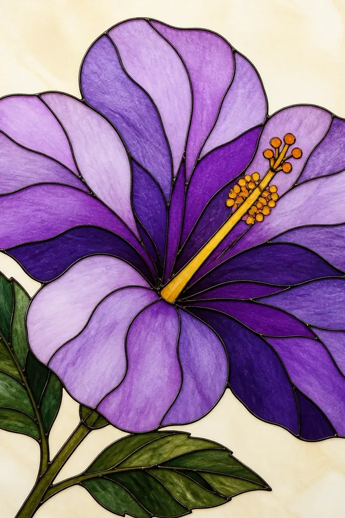 A hibiscus flower drawn like stained glass. Petals are divided into sections with darker outlines, and each section has a different purple tone from lavender to deep violet. The center is bright yellow with small orange highlights. The background is light cream.