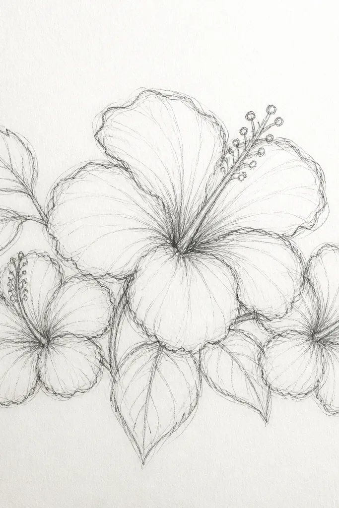 Three small purple hibiscus flowers arranged in a diagonal row. The middle hibiscus is slightly larger and has the darkest violet petals and the most detailed yellow center. The left and right flowers are smaller with simpler shading. Background is clean white with a few faint leaf hints.