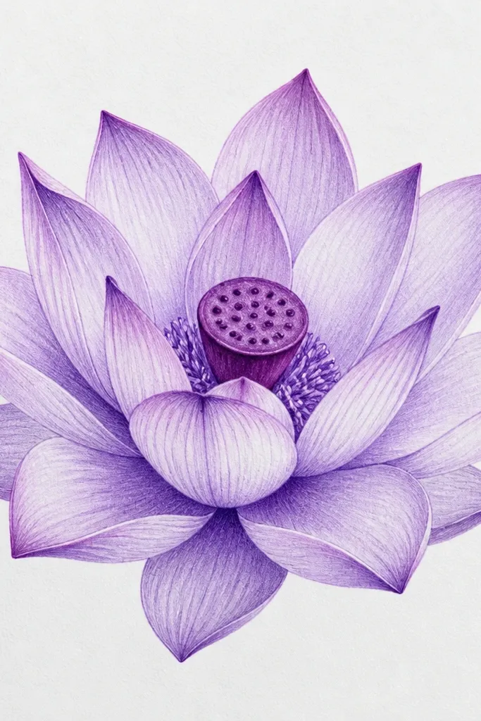 A purple lotus on white paper with light lavender pencil shading on the outer petals, darker violet fold lines, and a small plum seed pod in the center with tiny dot seeds.