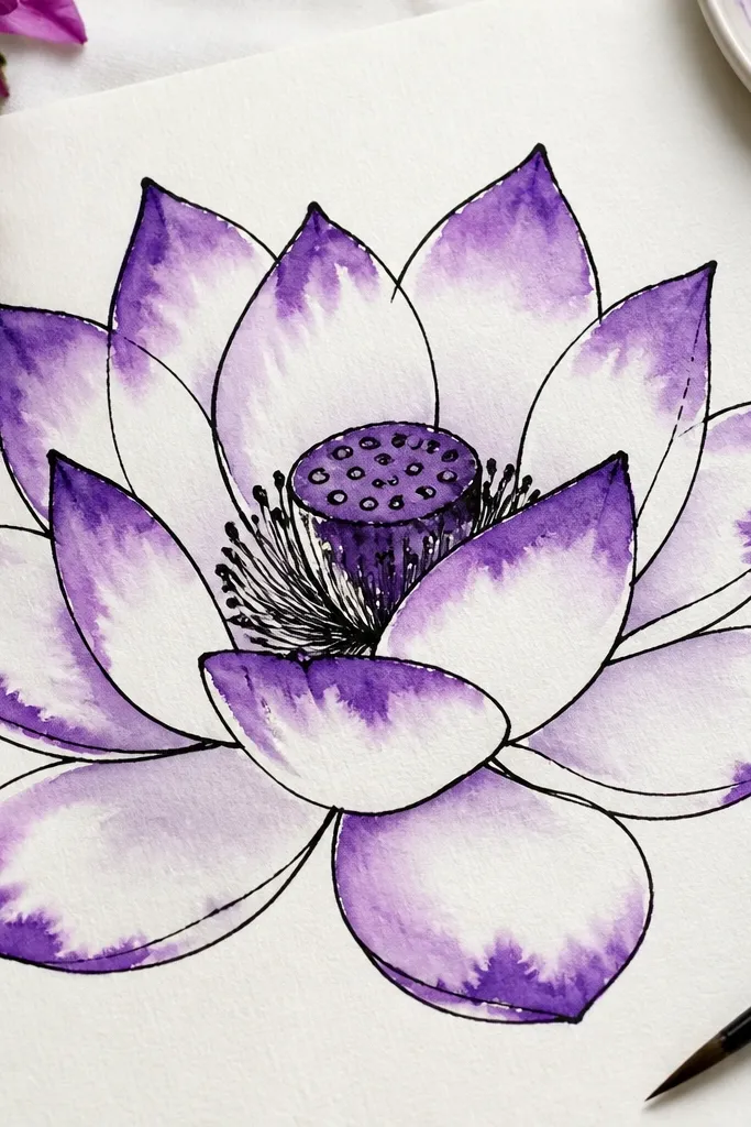 A bold black ink lotus outline with purple watercolor added mostly at the petal edges, creating soft bleeding halos into the white paper; the center pod is darker purple.