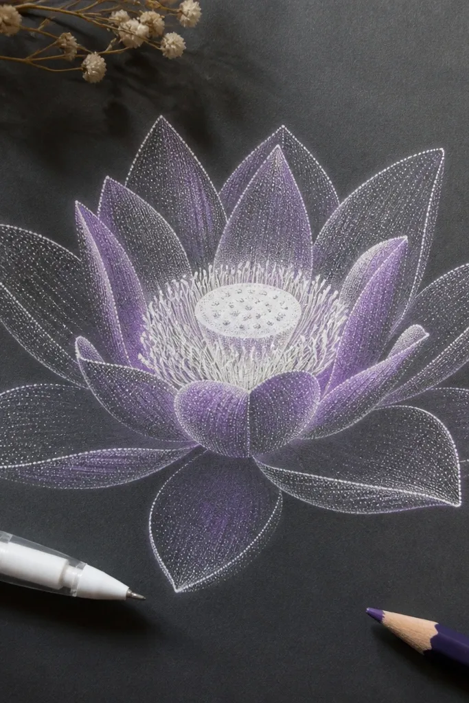 A lotus drawn on dark gray paper with dense white gel pen stippling and purple pencil shading, creating a glowing outline and a bright center pod.