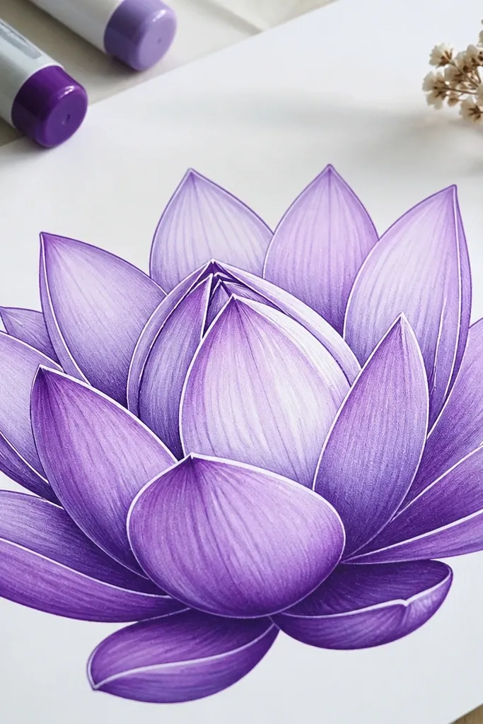 A lotus drawn with purple marker gradients on each petal, transitioning from deep plum at the folds to pale lavender at the top edges, plus sharp white gel pen highlights.
