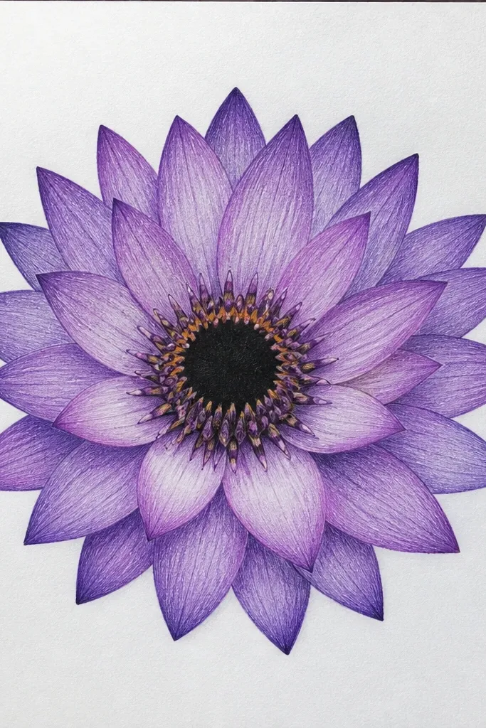 A delicate lotus with colored pencil petals arranged like a fan, a thin black ring around the center pod, and fine shading lines radiating outward.