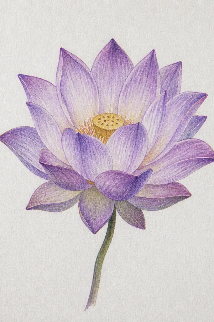 A creamy purple lotus on lightly speckled paper, with opaque petal shapes, soft edges, and a darker plum center pod.