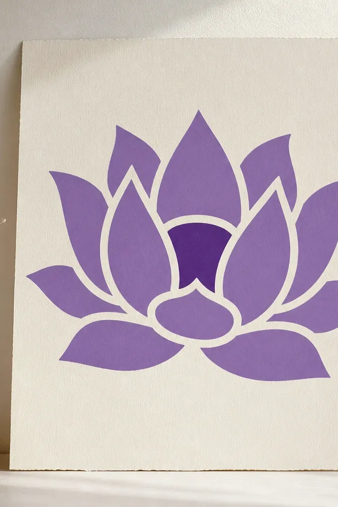 A lotus drawn with thick purple shapes and intentional white gaps between petals, resembling a paper cutout; the center pod is a darker purple silhouette.