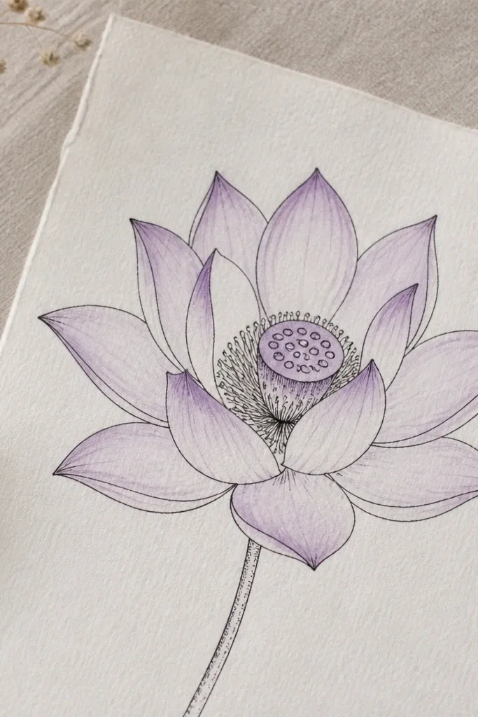 A black monoline purple lotus where only the petals are tinted lightly with lavender wash, and the center seeds have tight purple crosshatching.