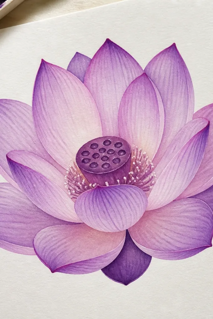 A lotus drawn with water-soluble colored pencils that have been blended wet, creating smooth purple gradients on each petal and a darker plum pod.