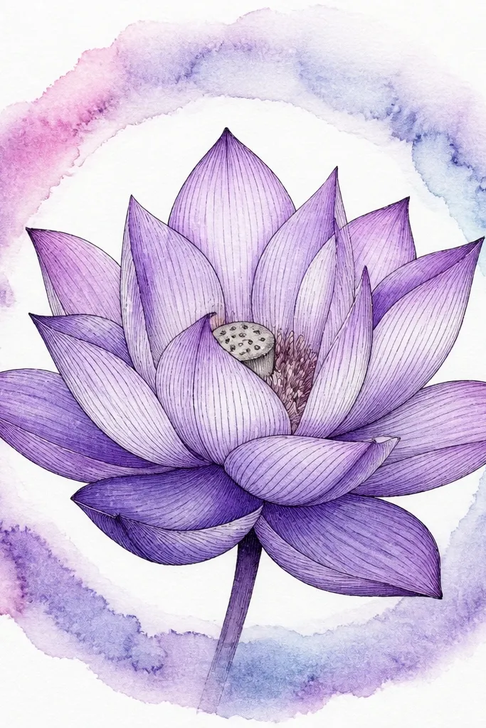 A lotus with crisp gel pen outlines in purple and black, surrounded by a soft watercolor halo ring; petals are lavender with darker violet folds.