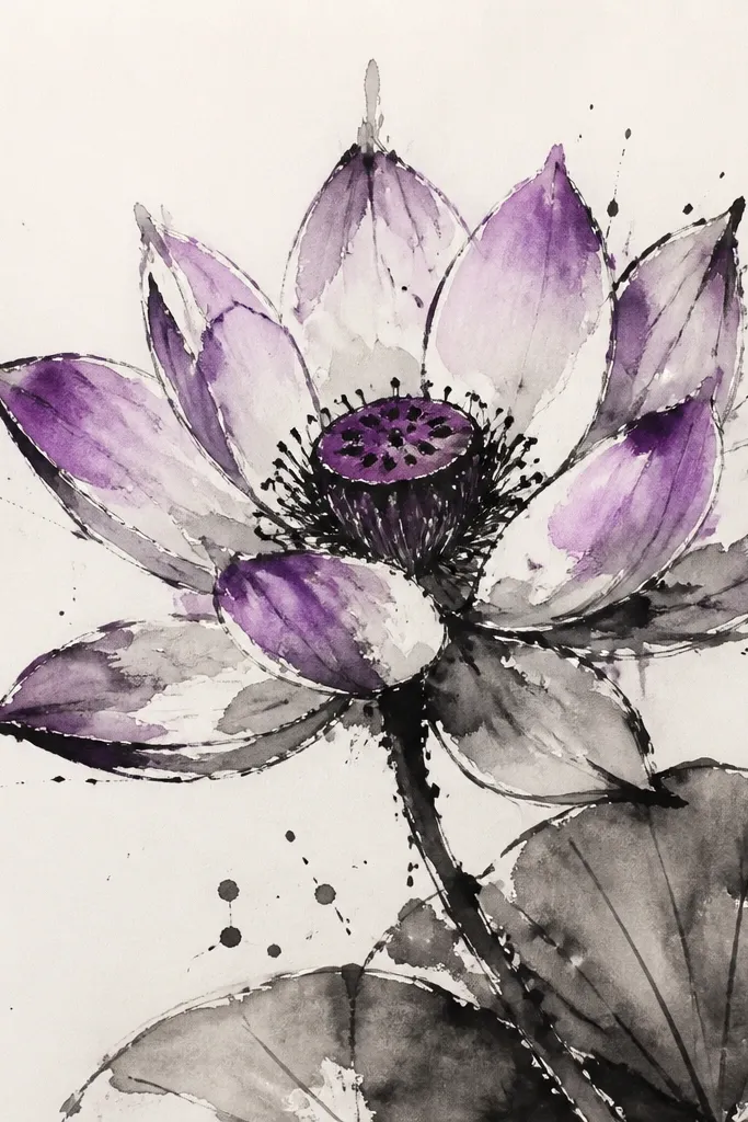 A lotus drawn with expressive black ink strokes and splatters, with targeted purple wash accents on the petals and a deep plum center.