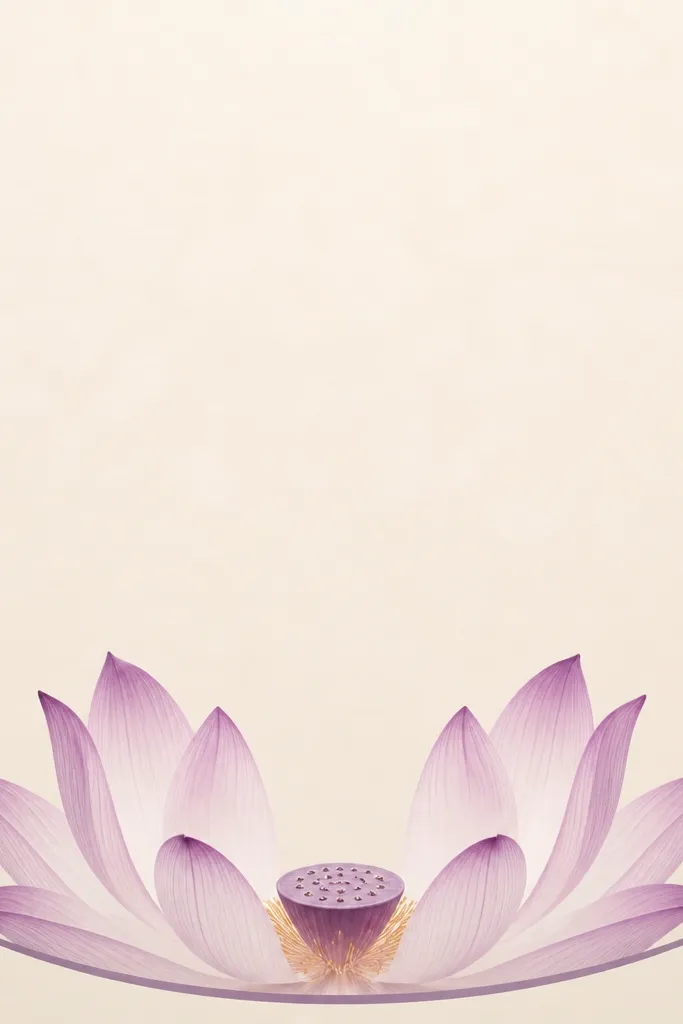 A lotus drawn above a curved line of purple calligraphy, with the petals arranged to leave space for text; the center pod sits directly under the curve.