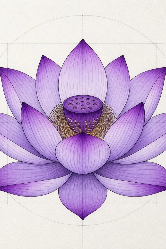 A perfectly centered lotus drawn with a faint pencil guide grid, then inked and colored in lavender and violet, with evenly spaced petals and a plum pod.