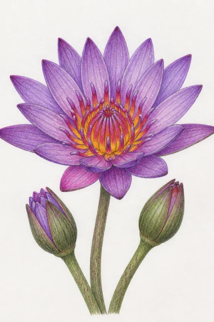 A small cluster of three purple lotus drawings: one larger open lotus on the left and two smaller bud-like lotus forms on the right, all with lavender petals and plum centers.