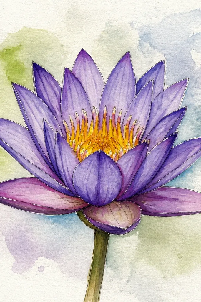 A lotus in the center with crisp lavender and violet petals, surrounded by a soft purple-blue watercolor wash background; edges of petals look clean as if masked.