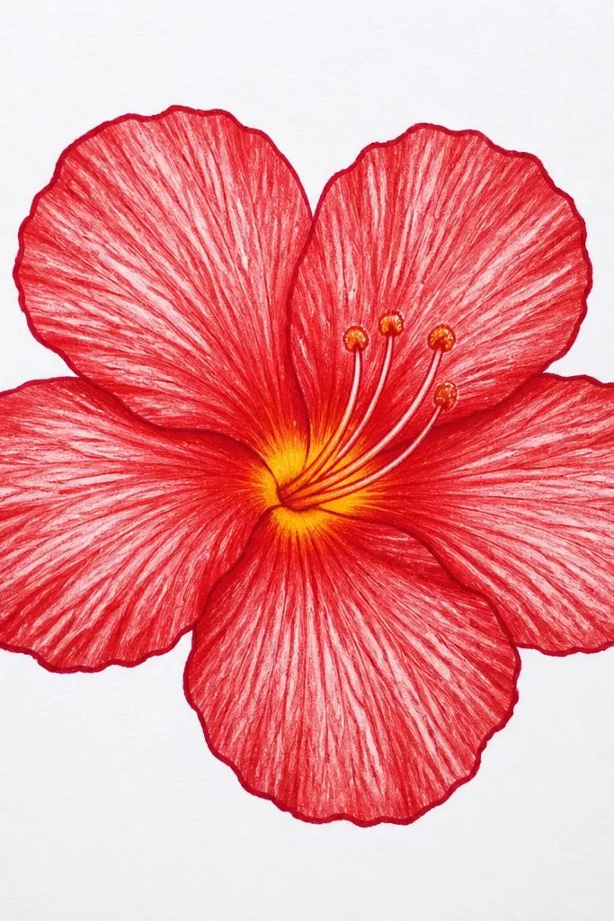 A single red hibiscus bloom centered on white paper. The petals are outlined in dark red, with lighter red streaks on each petal. The center throat is a warm yellow-orange, surrounded by five curved stamens drawn as thin lines.