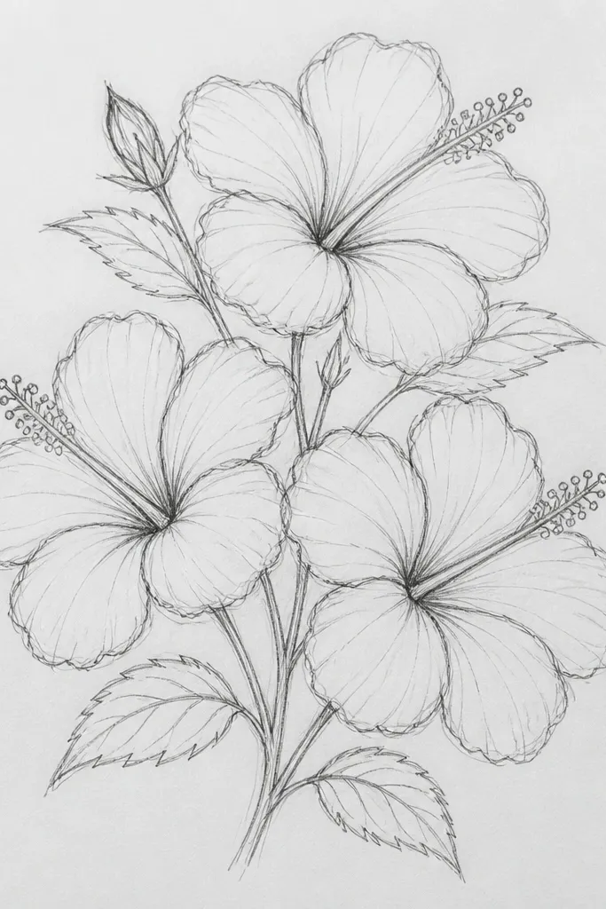 Three red hibiscus flowers overlapping like a small bouquet. The left flower tilts slightly left, the center flower faces forward, and the right flower tilts right. Yellow-orange centers peek between petals, and thin stems connect them.