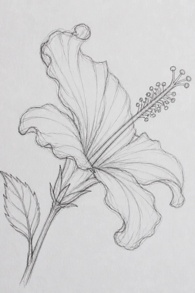 A hibiscus shown in three-quarter view, with petals curling to the right. Only part of the center is visible, and the stamens fan outward. Petal edges have a darker red contour line and lighter inner streaks.