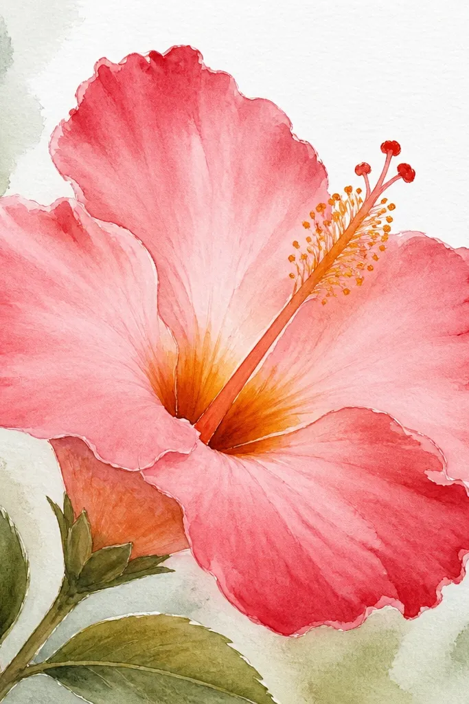 A watercolor hibiscus where petals have soft edges and darker red blooms at the petal tips. The center throat is yellow-orange with a darker orange ring. The stamens look like thin watercolor lines with faint speckling.
