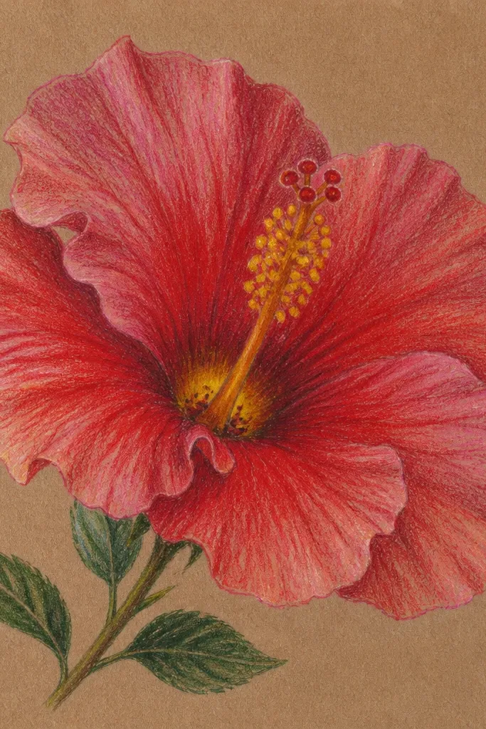 A hibiscus flower drawn on brown kraft paper. The petals are layered with bright red and muted rose, with visible pencil grain showing through. The center throat is golden yellow with darker maroon specks.